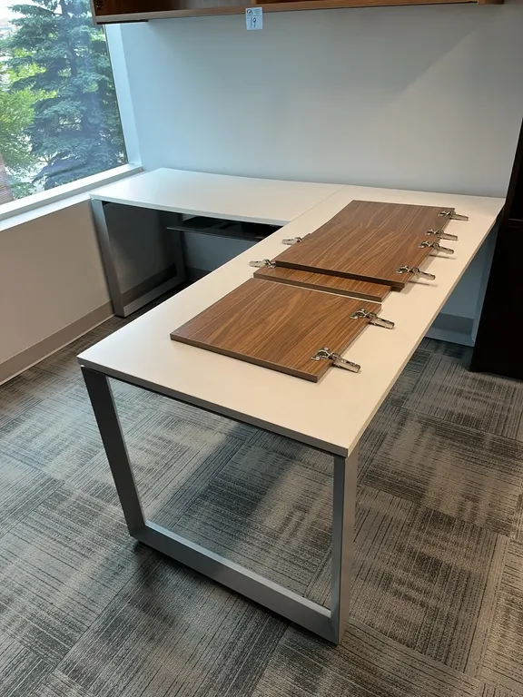 Allsteel Terrace L-Shaped Office Workstation, 77”x71”, white laminate, metal legs, plus walnut finish wall-mounted hutch cupboard, adjustable keyboard