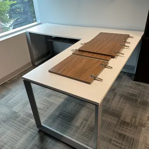 Allsteel Terrace L-Shaped Office Workstation, 77”x71”, white laminate, metal legs, plus walnut finish wall-mounted hutch cupboard, adjustable keyboard