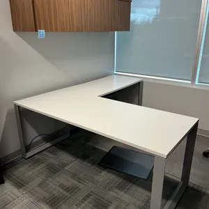 Allsteel Terrace L-Shaped Office Workstation, 77”x71”, white laminate, metal legs, plus walnut finish wall-mounted hutch cupboard, adjustable keyboard