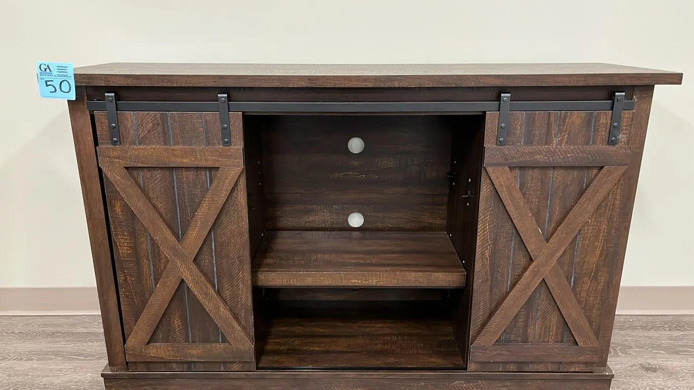 Wooden Cabinet 54”x15.5”x32” with 2 doors on rails, dark rustic finish