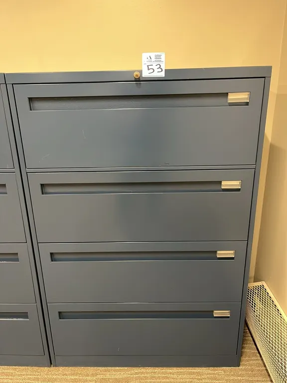 Steelcase blue horizontal 4-drawer metal filing cabinet 36”x18”x53”, has key
