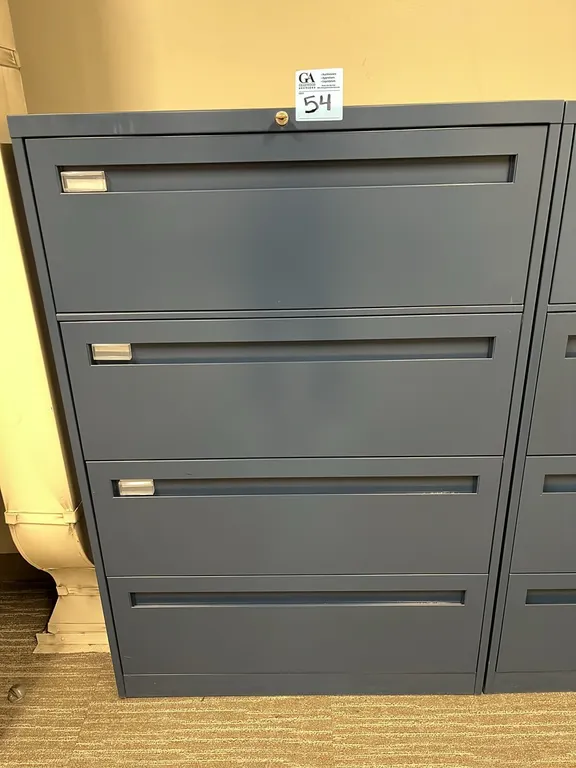 Steelcase blue horizontal 4-drawer metal filing cabinet 36”x18”x53”, has key