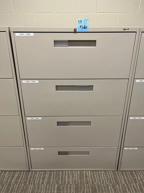 Global horizontal 4-drawer metal filing cabinet 36”x18”x54”, no key