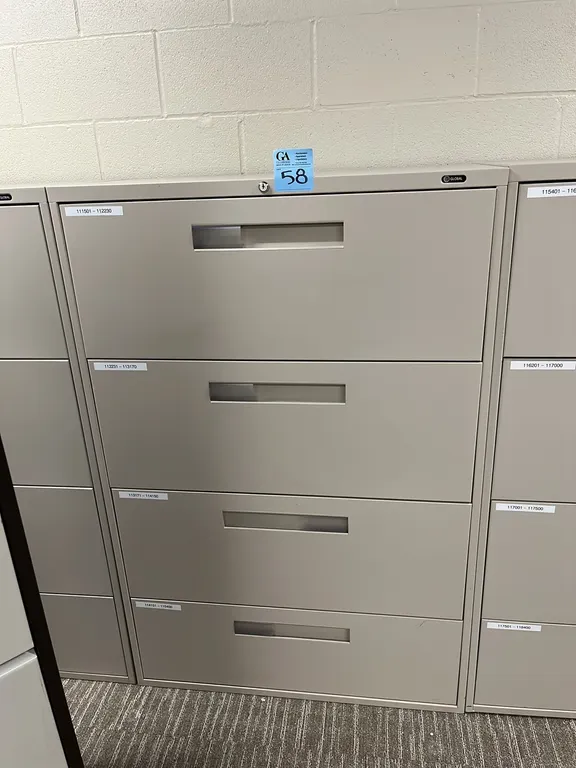 Global horizontal 4-drawer metal filing cabinet 36”x18”x54”, no key