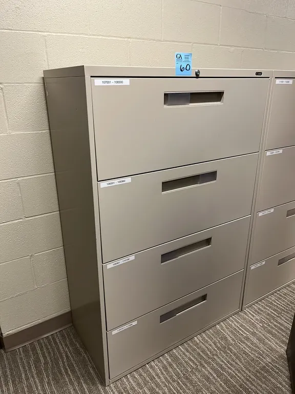 Global horizontal 4-drawer metal filing cabinet 36”x18”x54”, no key
