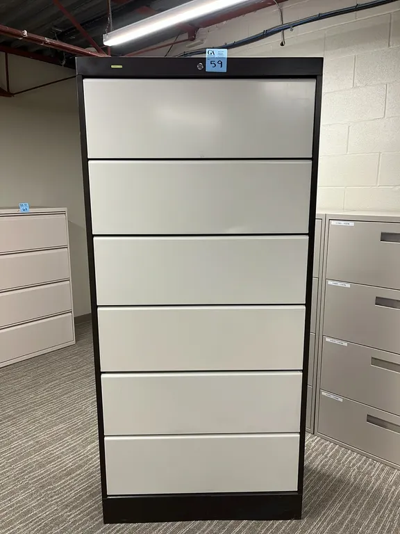 horizontal 6-drawer metal filing cabinet 36”x17 1/4”x78”, no key