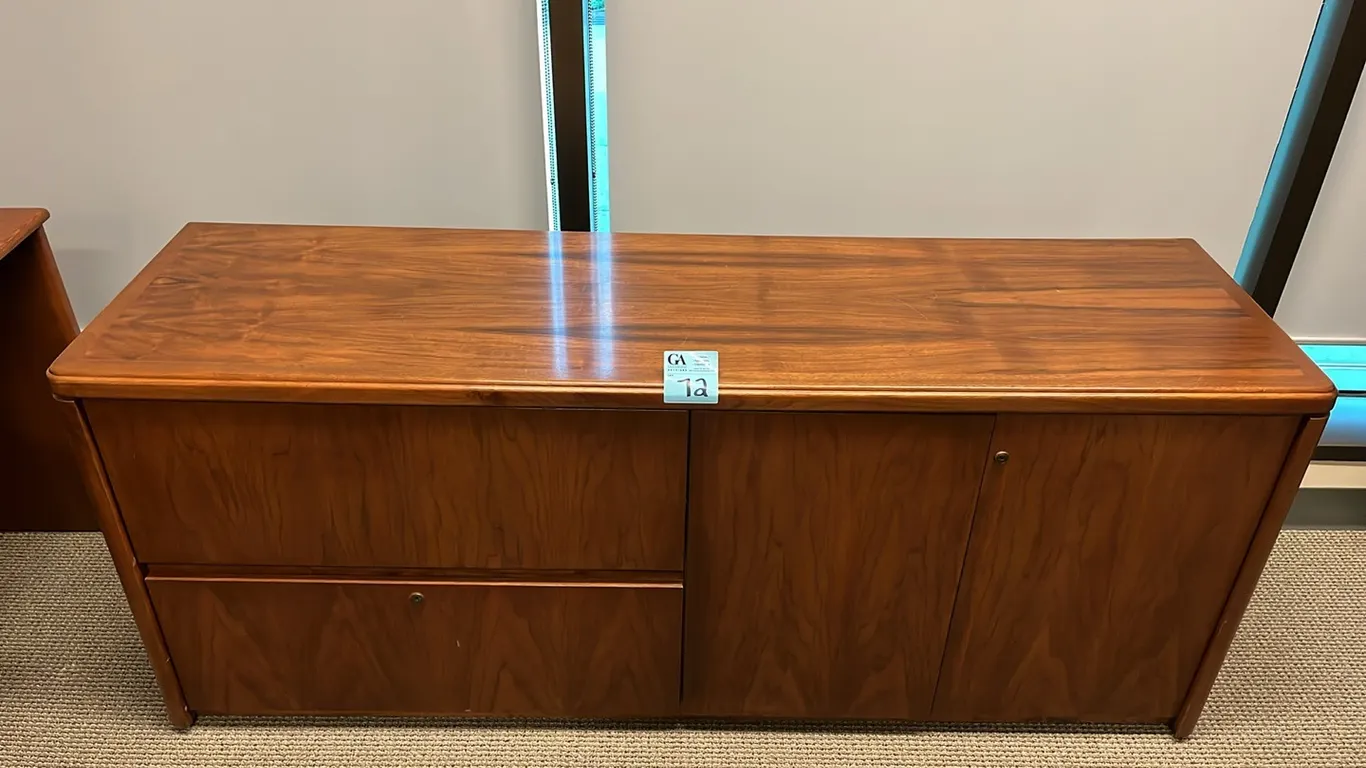 Office Credenza with 2 filing cabinet drawers and 2-door cupboard, 71.5”x20”x29.5”, matches lot 73