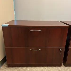 wooden horizontal 2-drawer filing cabinet 36”x20”x28.75”, has key