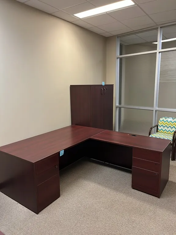 L-shaped Office Desk 72”x84”, 2 pedestal drawers, dark cherry mahogany finish