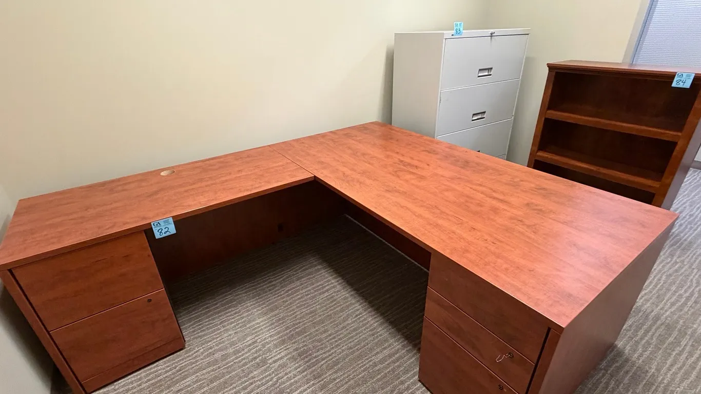 Modern L-Shaped Executive Office Desk with pedestal drawers, cherry finish, 7’ long on left x 6’ long on right