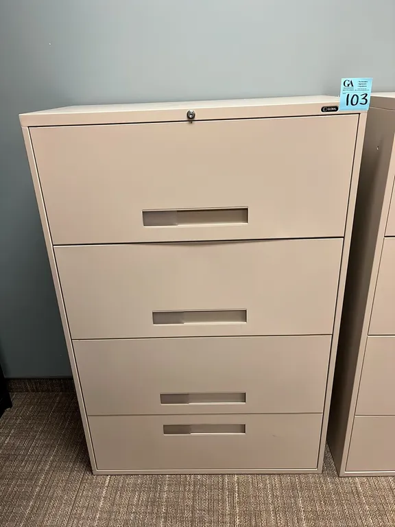 Global horizontal 4-drawer metal filing cabinet 36”x18”x54”, no key