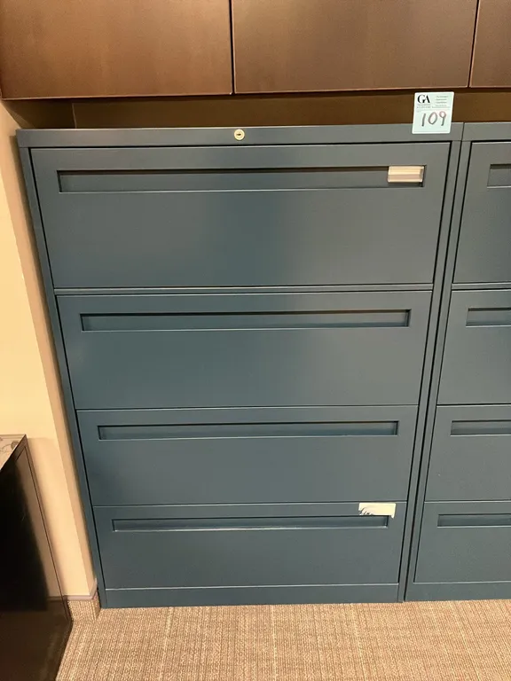 Steelcase blue horizontal 4-drawer metal filing cabinet 36”x18”x53”, no key