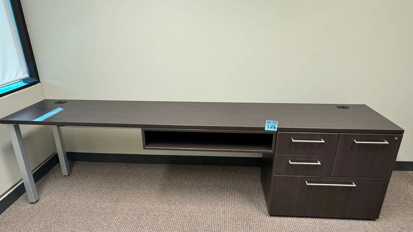 Modern Executive Office Desk with Integrated Storage & Metal Legs, 9’ long x 20” deep x 29.5” tall