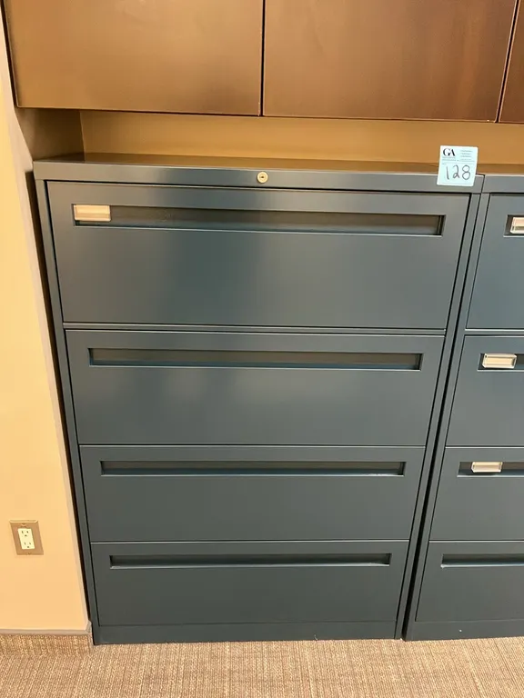 Steelcase blue horizontal 4-drawer metal filing cabinet 36”x18”x53”, no key