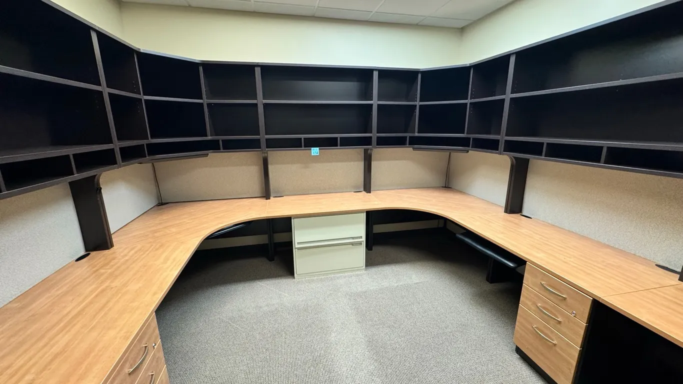 Artopex Executive U-Shaped Office Workstation with Overhead Hutch & Filing Pedestals – Made in Canada, 12’ long, 8’ left wing, 11’8” right wing, 7’1”