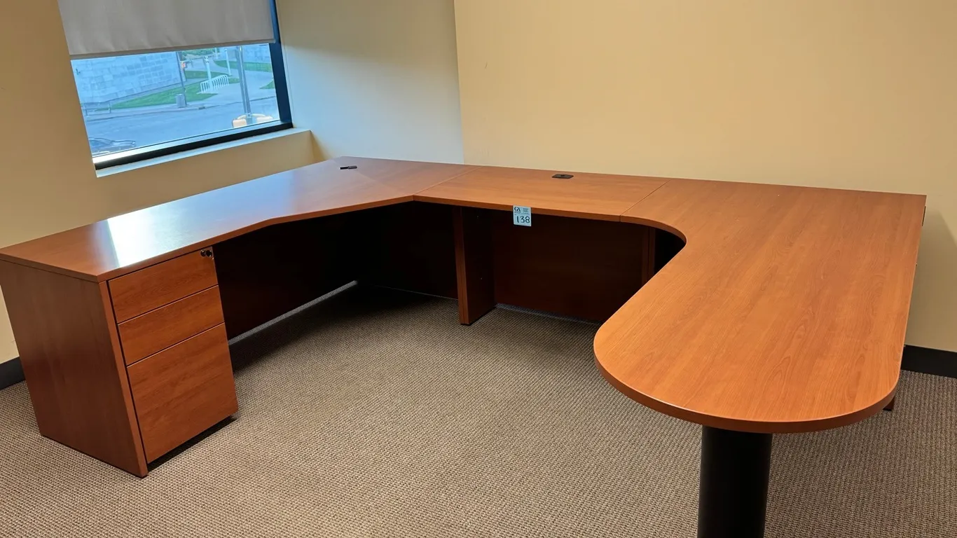 Executive U-Shaped Office Desk with Bow-Front Work Surface & Pedestal Drawers – Cherry Finish, 9’ total length, 6’ wings