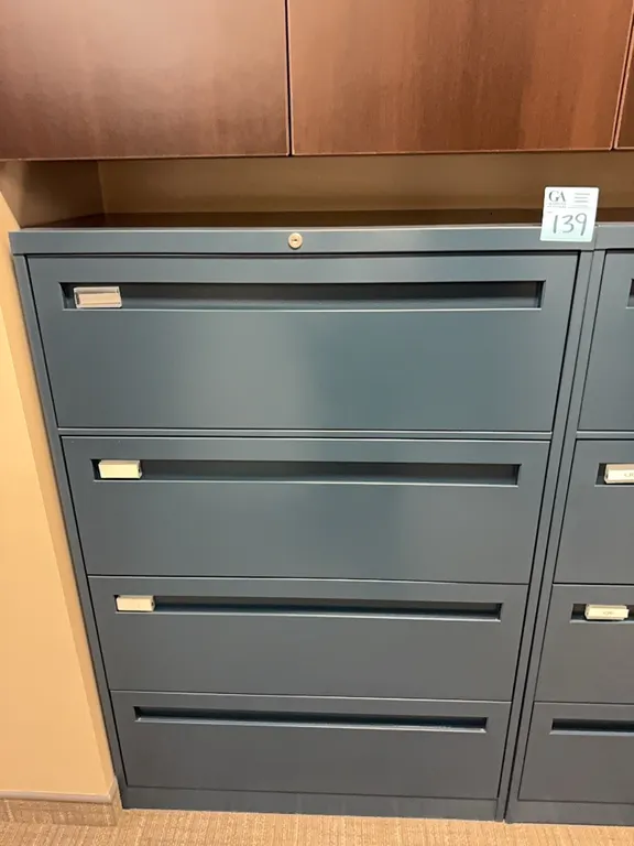 Steelcase blue horizontal 4-drawer metal filing cabinet 36”x18”x53”, no key