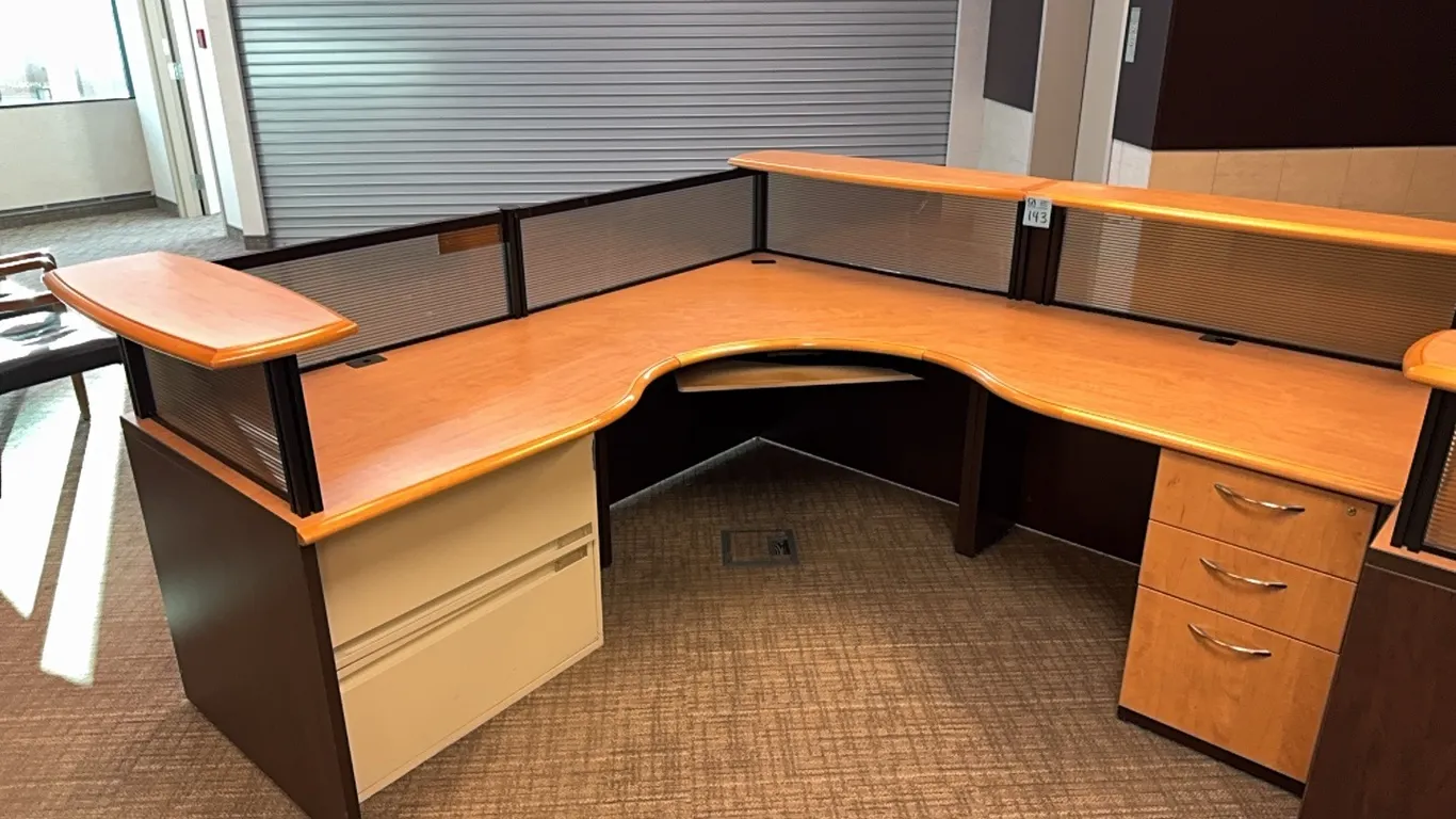 CWI Creative Wood Interiors Custom Curved Reception Desk / Workstation, 7’ x 7’, w metal filing cabinet