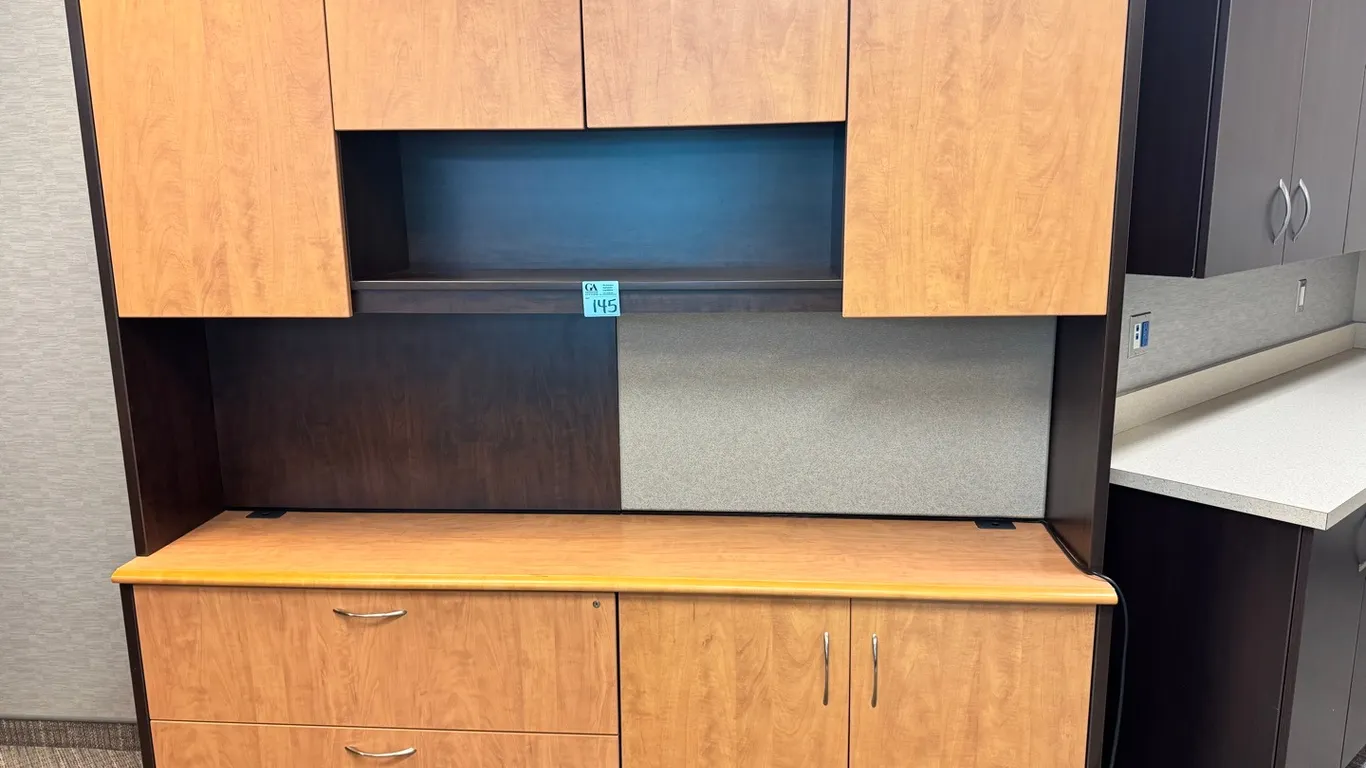 CWI Creative Wood Interiors Executive Credenza & Hutch – Two-Tone Wood Finish, 7’ long x 6’9” tall x 19” deep, comes apart