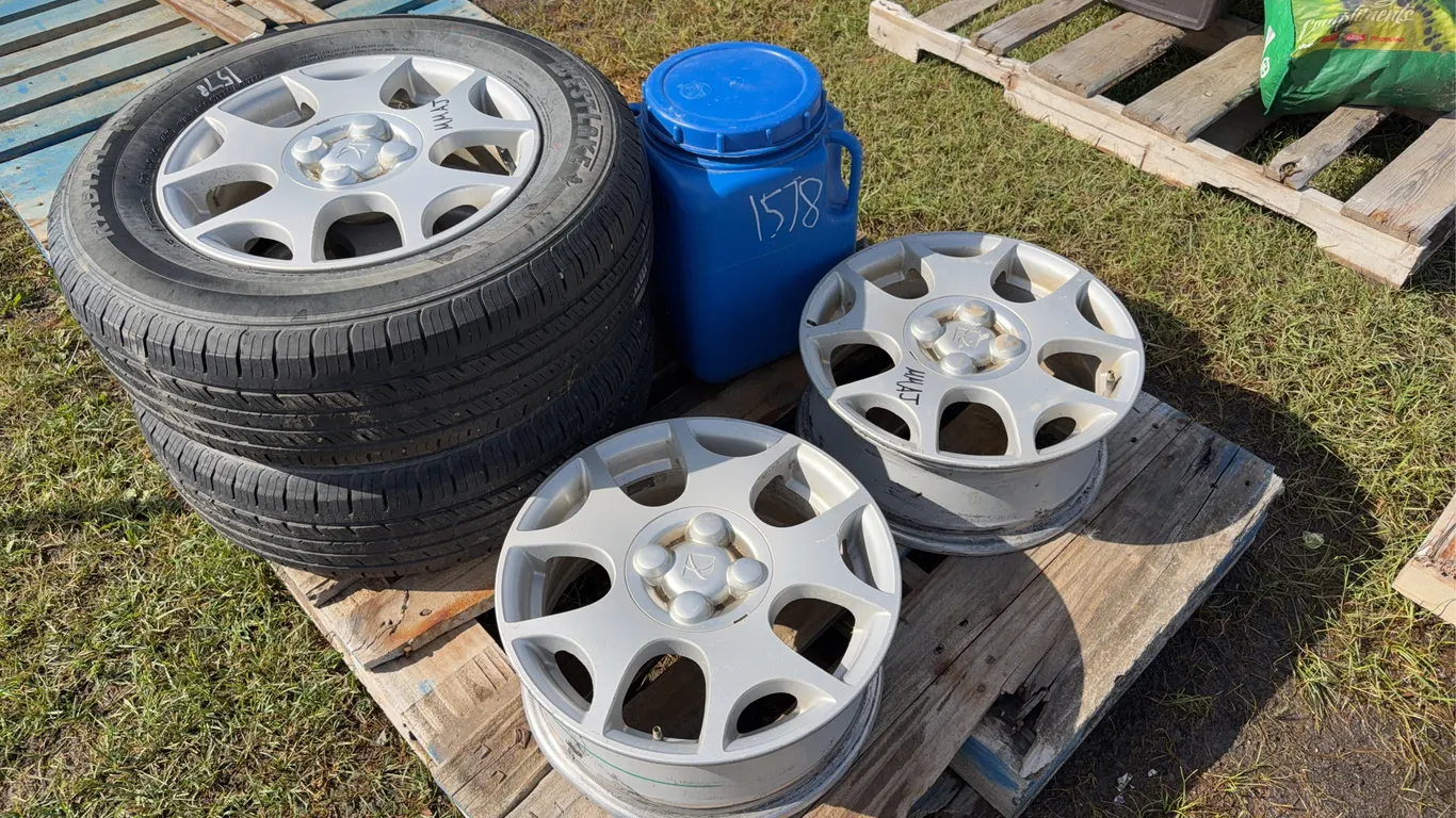 Set of two Westlake 205/70 R 15 tires on 4 bolt GMC rims, 2 - 4 bolt rims blue plastic tote with battery, magnetic flashlight, outdoor yard home light