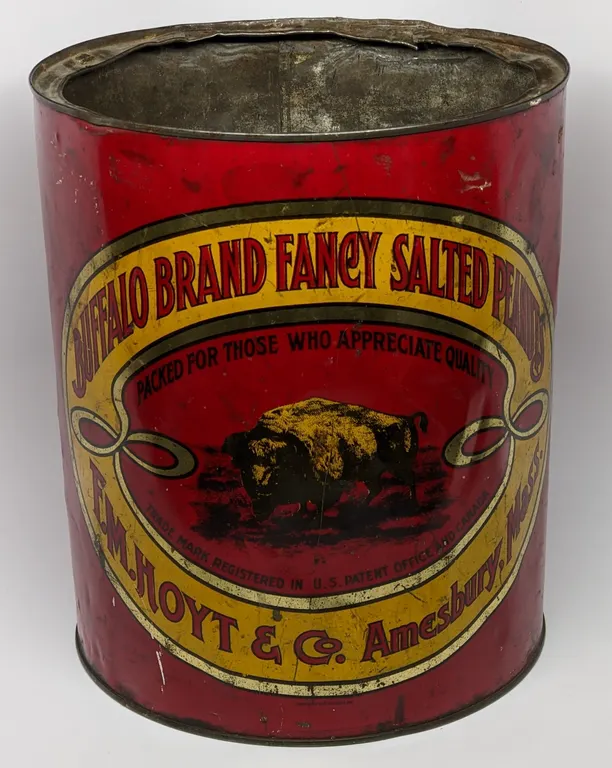 LARGE TIN LITHO CAN BUFFALO BRAND FANCY SALTED PEANUTS F.M. HOYT AMESBURY MASACHUSSETTS