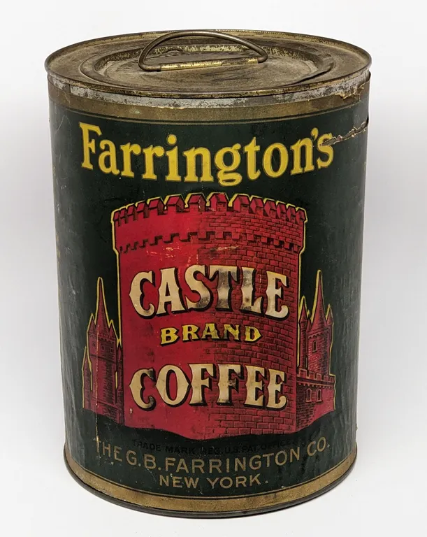 3# PAPER LABEL TIN CAN FARRINGTON'S CASTLE BRAND COFFEE NEW YORK