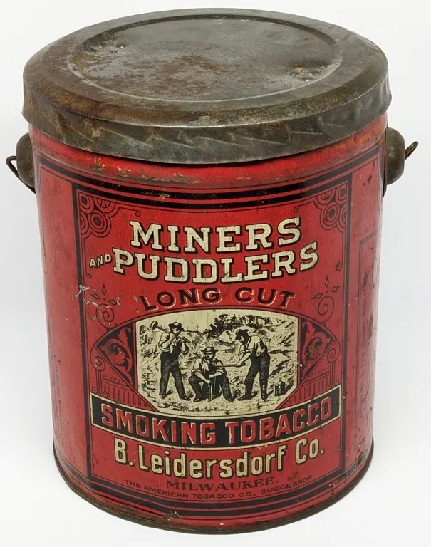 TIN LITHO TOBACCO TIN CAN MINERS AND PUDDLERS LONG CUT SMOKING TOBACCO B. LEIDERSDORF CO MILWAUKEE WISCONSIN