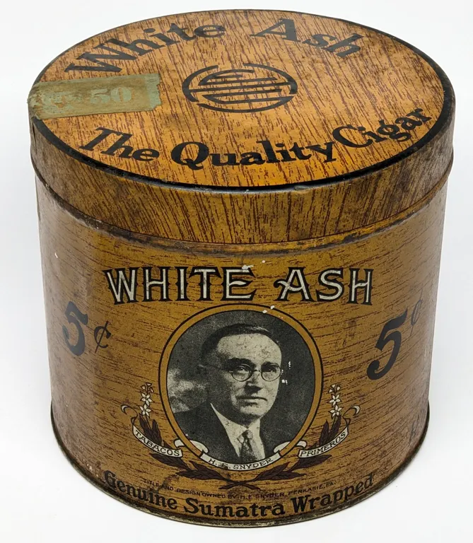TIN LITHO CAN WHITE ASH 5¢ GENUINE SUMATRA WRAPPED CIGARS
