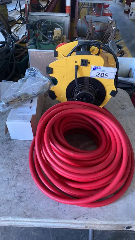 PORTABLE ELECTRIC FAN, PUNCH CENTER TOOL & RED APPROX 100' AIRLINE HOSE