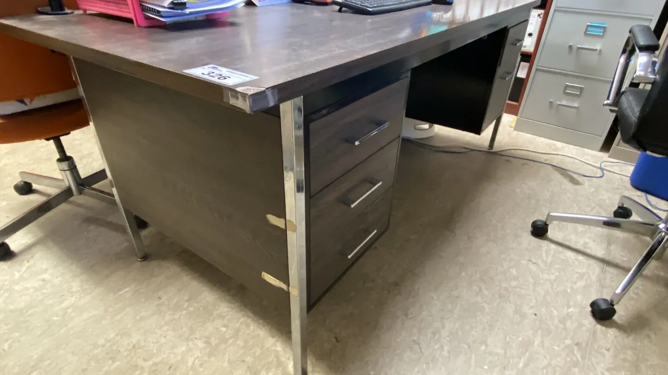 2 DARKWOOD METAL FRAMED 5 DRAWER OFFICE DESKS APPROX 72"L X 36"D
