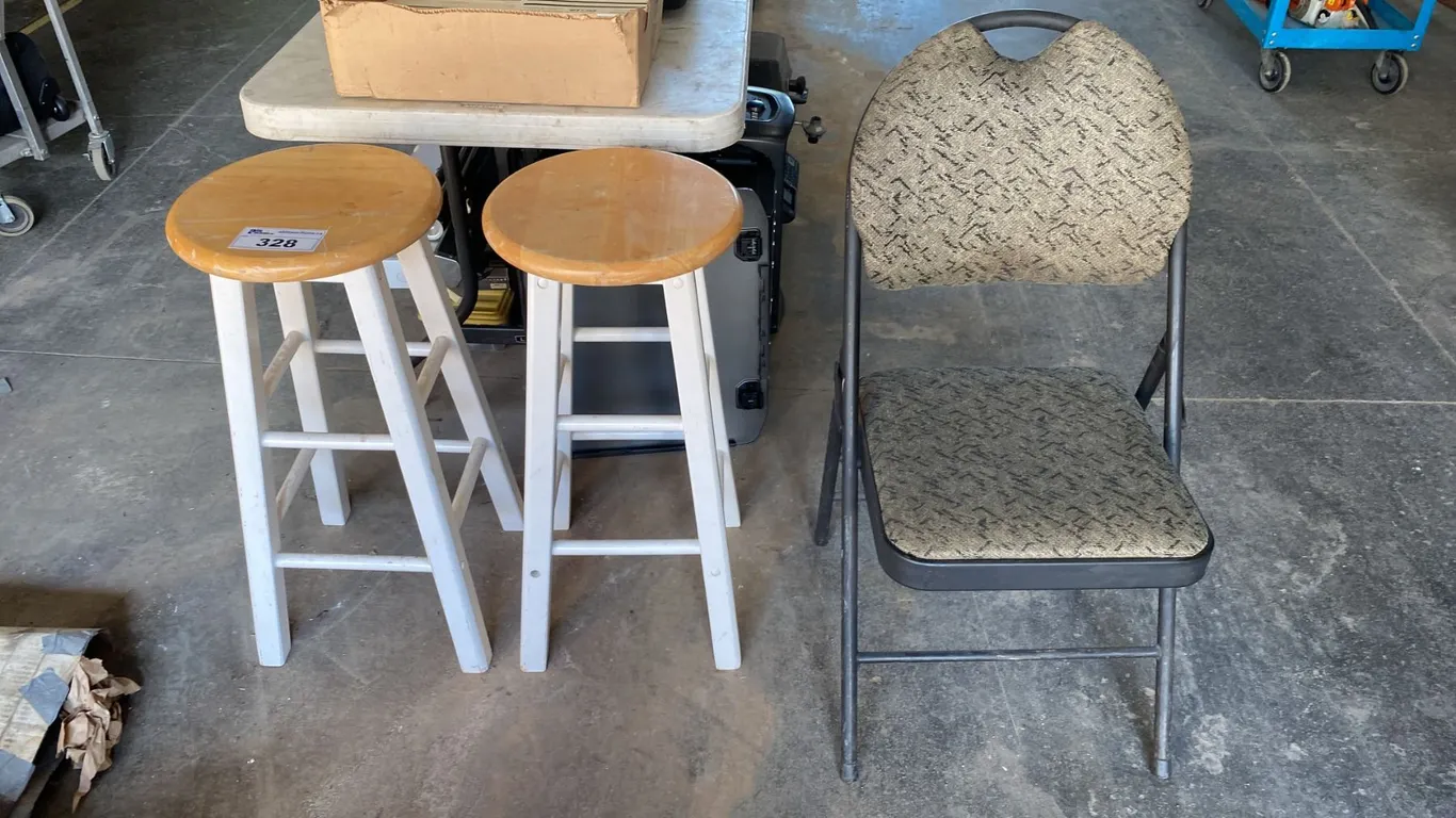 PAIR OF WOODEN STOOLS & PADDED FOLDING CHAIR