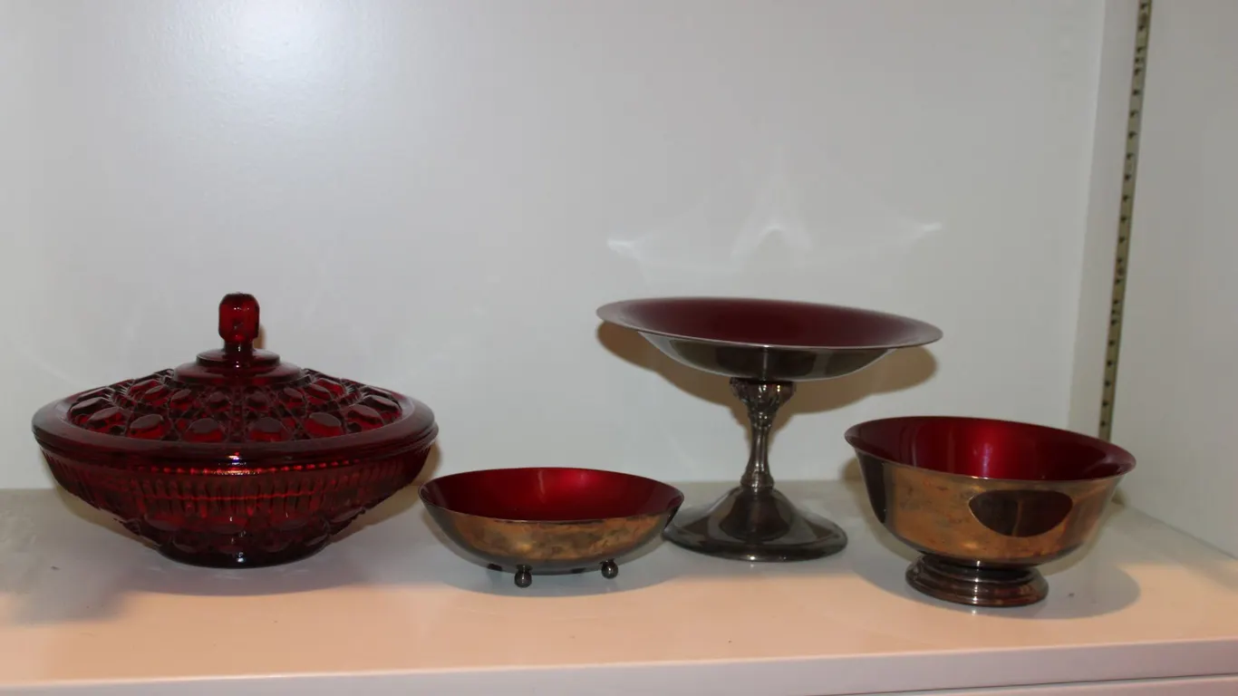 Silver Plate Bowls & Ruby Candy Dish