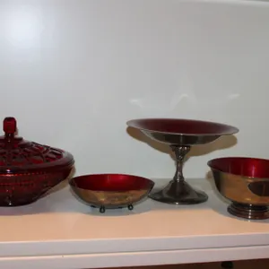 Silver Plate Bowls & Ruby Candy Dish