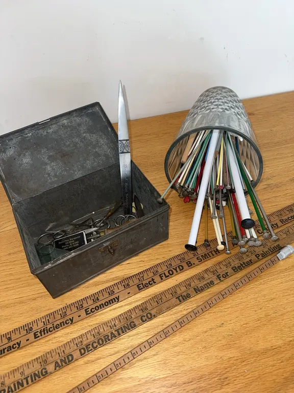 Vintage knitting needles, yardsticks, etc.
