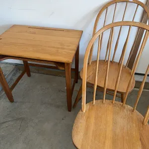 Two oak dining chairs and vintage student Desk