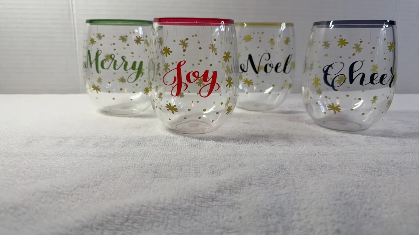 Set of 4 Acrylic Stemless Wine Glasses - Holiday Themed
