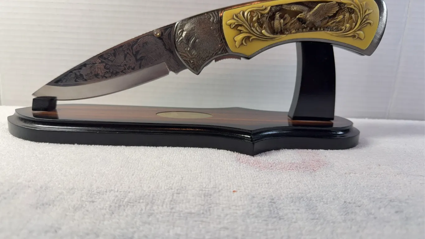 13" Custom Eagle Folding Knife With Wood Display Stand #BK766