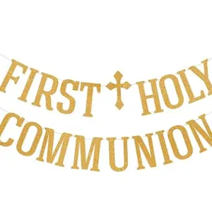 First Holy Communion Banner. Gold Glitter First Communion Banner - New