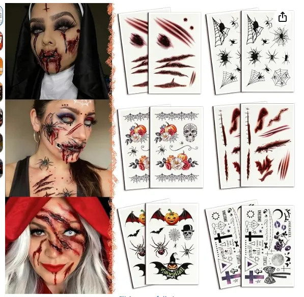 Halloween Face Tattoos, 12 Sheets Fake Scars Tattoo Makeup Kit Wound Realistic Blood Injury Cut Scra