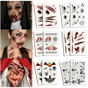 Halloween Face Tattoos, 12 Sheets Fake Scars Tattoo Makeup Kit Wound Realistic Blood Injury Cut Scra