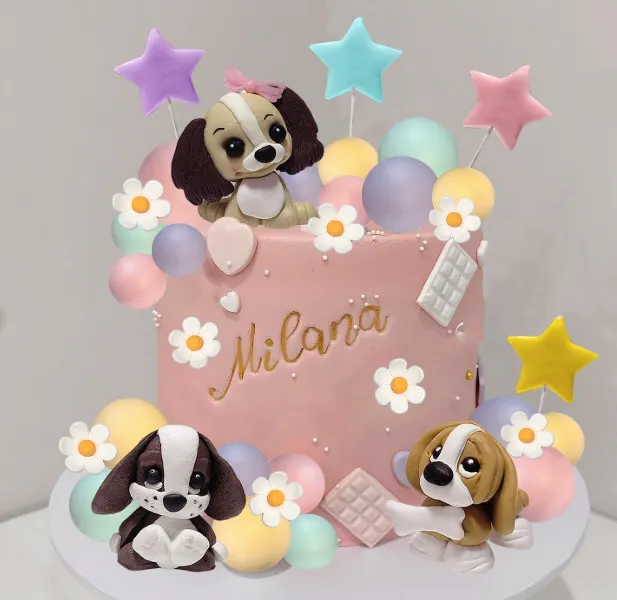 New Dog Cake Topper Clay Figurines Puppy Cake Decorations with Balls and Daisy Flowers