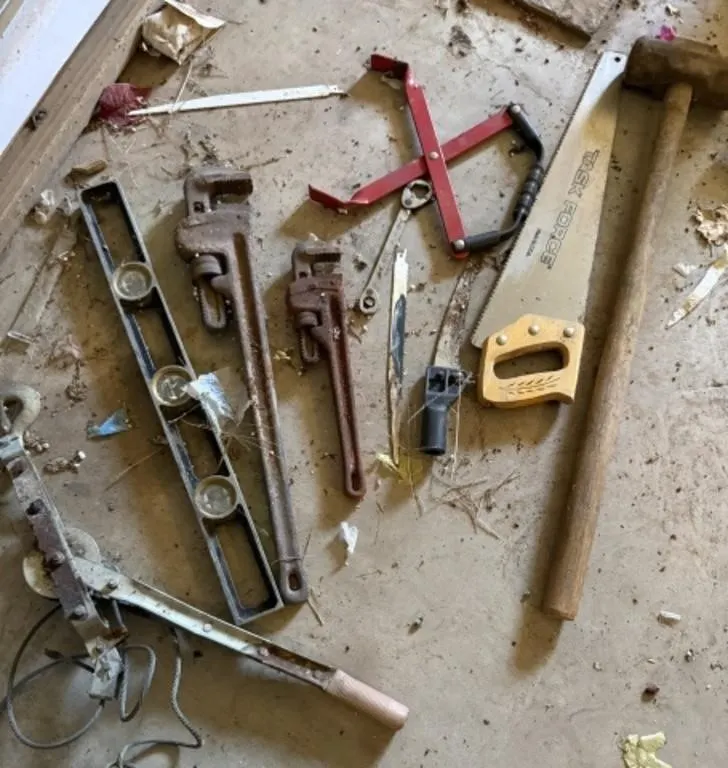 Sledgehammer, Hand Saw, 2 Pipe Wrenches,