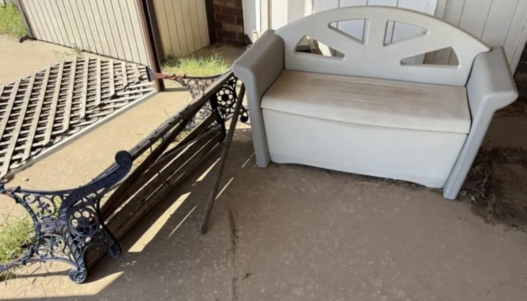 Broken Garden Bench, Hose Caddy, Rubbermaid