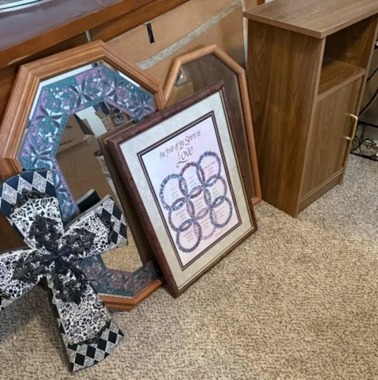 Bedside Cabinet, 2 Mirrors, 2 Wall Art Pieces