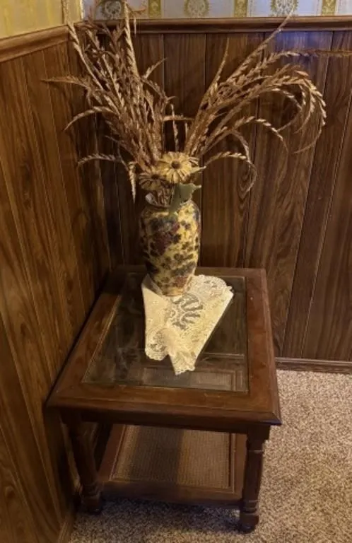 Vintage Wood/Glass End Table, Vase w/ Artificial