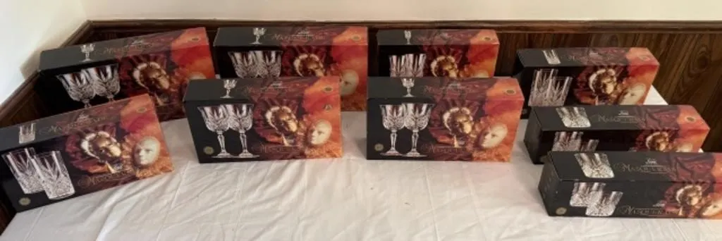 9+/- Boxes of Masquerade Lead Crystal Glasses