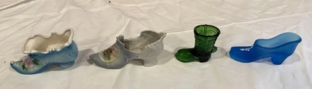 2 Vintage Ceramic Boot Figurines, 2 Glass Boot