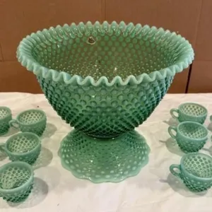 Vintage Fenton Green Opalescent Hobnail 14-Piece