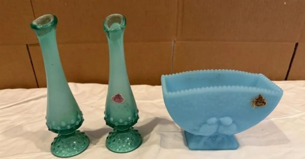 2 Fenton Green Opalescent Bud Vases,