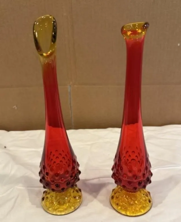 2 Fenton Amberina Hobnail Swung Bud Vases